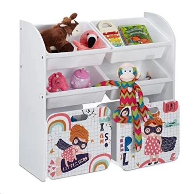 Abbildung von Relaxdays Kinderregal mit 6 Boxen, Kleine Heldin Motiv, 2 Kisten Rollen, HBT: 80,5x82,5x30 cm, Spielzeugregal, weiß