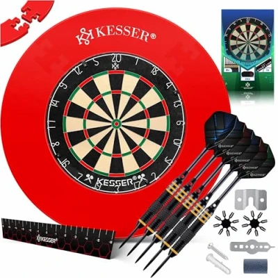 Abbildung von KESSER® Dartscheibe Kork mit 9 Dartpfeile Professional Dartboard 21 Pro Flights Steeldart Offizielle Pfeilen Metallspitze Profi Steeldartscheibe inkl. Dartscheibenring &amp; Montageset Rot