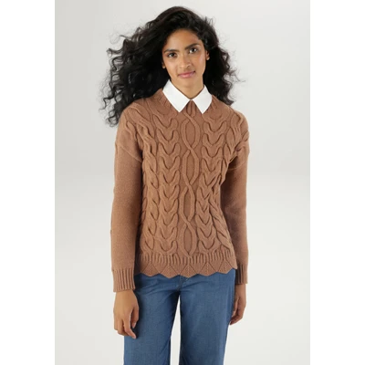 Abbildung von Aniston SELECTED Strickpullover, mit Lochstrickmuster am Wellensaum NEUE KOLLEKTION