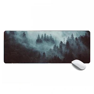 Abbildung von Mauspad im Querformat, Nebellandschaft mit Wald Gaming Mauspad, XL, erweitertes großes Schreibtischunterlage, 80 x 30 0,32 cm, genähte