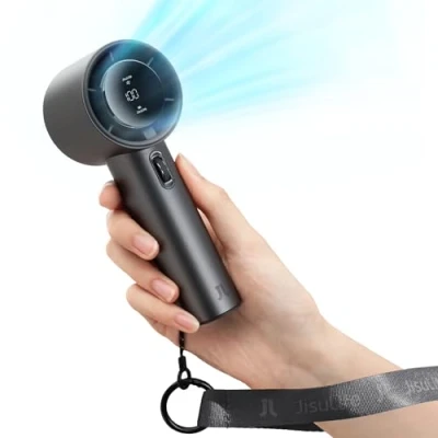 Abbildung von JISULIFE Tragbarer Handventilator,Einstellbare Geschwindigkeit(1 100),Turbo Mini Ventilator,Wiederaufladbarer 5000mAh Akku,Metallgehäuse,Digitales Display,Für Frauen Männer Reisen/Camping/Outdoor Grau