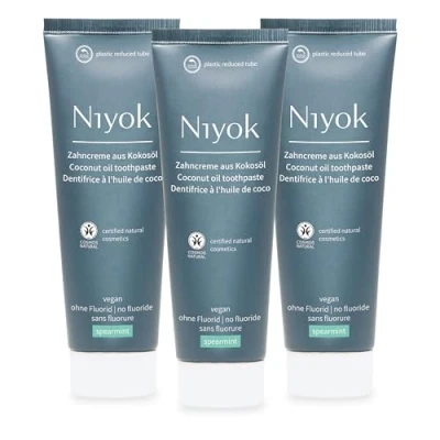 Abbildung von Niyok® Zahncreme aus Bio Kokosöl &quot;Spearmint&quot; (3 x 75ml) Natürliche Zahnpasta für weiße Zähne Intensive Pflege &amp; Frische Schützt das Zahnfleisch Ohne Fluorid Vegan