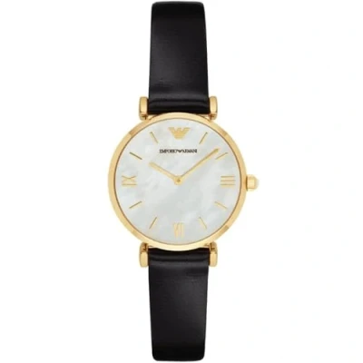 Abbildung von Emporio Armani Uhr für Damen , Zweizeiger Uhrwerk, 32mm Gold Edelstahlgehäuse mit einem Lederarmband, AR1910
