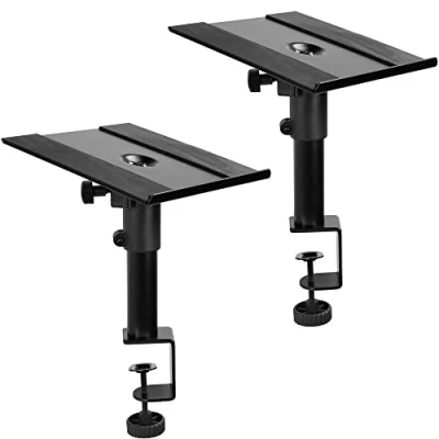 Abbildung von VIVO Klemm Lautsprecherständer Schreibtischhalterung Set, 25.4x22.9 cm Ablagen, Höhenverstellung und Neigung, schwarz, MOUNT SP01CB