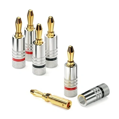 Abbildung von conecto Bananenstecker Professionell, für alle Lautsprecherkabel mit einem Durchmesser von max. 6mm², 4 Stück umlaufenden Farbring, rot/schwarz, 24k vergoldete Stecker, silber