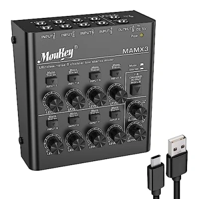 Abbildung von Moukey 8 Kanal DJ Mixer Mischpult, Musik tragbar, Stereo Mini Audio DC 5V für kleine Clubs Bars Mikrofon Gitarre Bass Keyboard und Bühnenmixer, Ultra niedrig Noise MAMX3