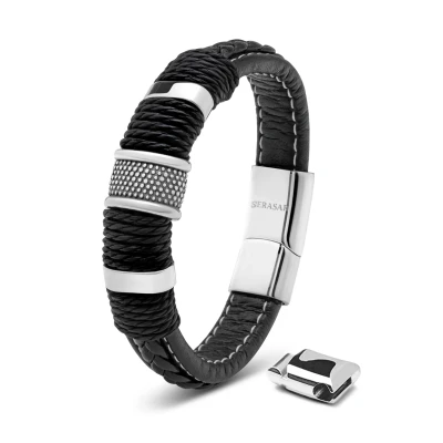 Abbildung von SERASAR Armbänder Herren Silber 23cm Männer Armband Leder Armreif Lederband Herrenarmreif Armschmuck Schmuck Flecht Wickelarmband Kette Leather Bracelet