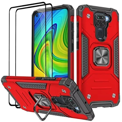 Abbildung von KANSi Hülle kompatibel für Xiaomi Redmi Note 9, Schutzfolie [2 Stück] Silikon TPU Hart PC Handy Hüllen 360 Grad Drehbar Ringhalter Bumper Stoßdämpfung Schutzhülle 9 Rote