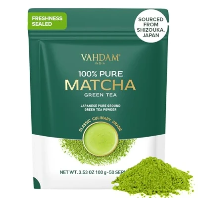 Abbildung von VAHDAM, Matcha Grüntee Pulver (50 Portionen, 100g) Authentisches japanisches Klassischer In Kulinarischer Qualität Latte Mix und Smoothies