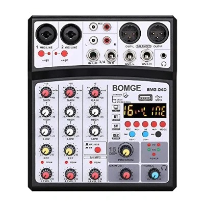Abbildung von BOMGE DJ Audio Mischpult, 4 Kanal, 16 DSP Echo, Sound Schnittstelle, Mischkonsole, Karaoke, mit MP3, USB, Bluetooth, Stereoaufnahme, 48 V Phantomspeisung 04D Schwarz