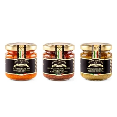 Abbildung von La Rustichella Kürbiscreme Mit Weissem Trüffel, Creme Aus Getrockneten Tomaten Schwarzem Trüffel und Spargelcreme Set 270g