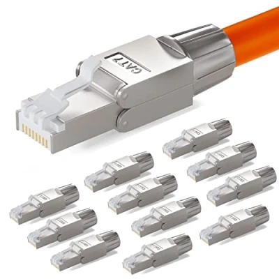 Abbildung von HB DIGITAL 12x CAT 7 RJ45 Stecker Netzwerkstecker für starre LAN Kabel Verlegekabel Ethernet werkzeuglos LSA 10 Gbit/s AWG 22 24 vollgeschirmt STP 50μ vergoldete Kontakte