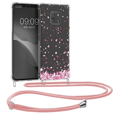 Abbildung von kwmobile Necklace Case kompatibel mit Huawei Mate 20 Pro Hülle Silikon Cover Handykette Rosa Dunkelbraun Transparent Kirschblütenblätter