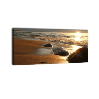 Abbildung von wandmotiv24 Leinwandbild Panorama Nr. 29 Steine am Strand 100x40cm, Keilrahmenbild, Bild auf Leinwand, Kunstdruck Meer Sonne Welle