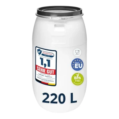Abbildung von Garronda 220 Liter Regentonne mit Deckel Weithalsfass aus HDPE Regenfass für Garten Fass 220l Regenwassertonne Futtertonne Wasserbehälter Universalfass Wasserfass Regentonnen Wassertank GD 0078, Weiß