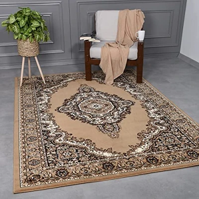 Abbildung von Orientteppich Kurzflor Teppich Wohnzimmer, Vimoda, rechteckig, Höhe: 8 mm, mit Kunstvollem, Beige, Klassisch, Bordüre, Wohnzimmer