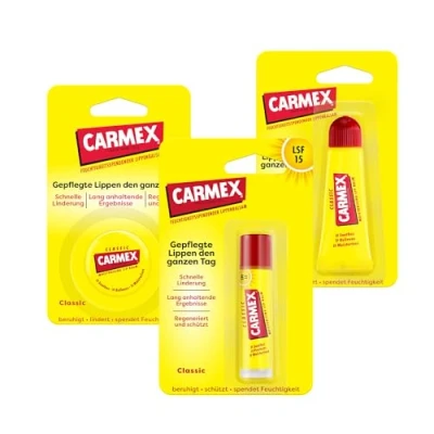 Abbildung von Carmex Classic Stick, Tube und Tiegel Lippenpflege für trockene Lippen, Lippenbalsam feuchtigkeitsspendend beruhigend rissige mit Vaseline, Vitamin E Bienenwachs (3er Set)