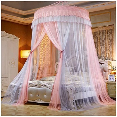 Abbildung von Große Romantische Kuppel Moskitonetz Vorhang Bett Baldachin Runde Prinzessin Traum Betthimmel Deko Insektenschutz Graues Pink(Höhe:2.7M)