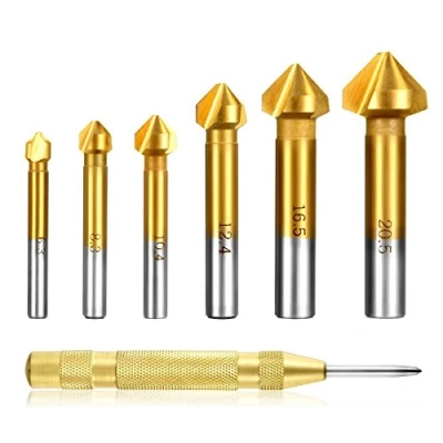 Abbildung von Estmoon 6 tlg 90 Kegelsenker Satz HSS Senker Set, Titan Beschichtungen Ø 6,3 20,5 mm Senkbohrer mit 1 Pack Messing Automatische Center Bohrer Punch