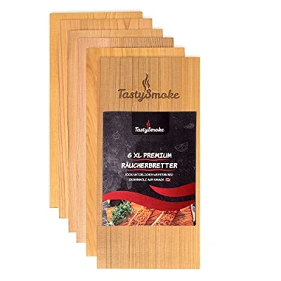 Abbildung von TastySmoke® Premium Zedernholzbrett zum Grillen 100% Naturprodukt aus Western Red Zeder Grillbretter Zedernholz im 6er Vorteilspack mehrmals wiederverwendbar