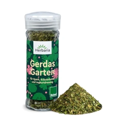 Abbildung von Herbaria Gerdas Garten Bio Bioland 25g Streuer fertiges Gewürz für Quark, Kräuterbutter, Joghurt und Salatdressing mit erlesenen Zutaten im praktischen Glas Gewürzstreuer