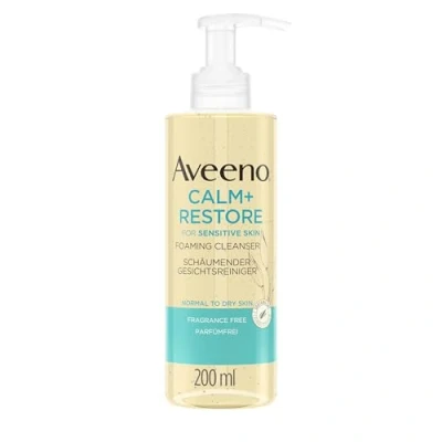 Abbildung von Aveeno CALM+RESTORE Schäumender Gesichtsreiniger(200ml), entfernt Make Up, wasserfeste Mascara + hinterlässt ein Feuchtigkeitsgefühl auf der Haut, Gel zu Schaum, für empfindliche parfümfrei