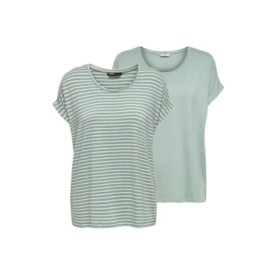 Abbildung von ONLY Damen O Neck Top T Shirt Moster 2er Pack Basic Kurzarm Rundhals Regular Fit Oberteil Sommer Streifen Blau Rose Grün Schwarz XS S M L XL XXL, Größe:XL, Farbe:Jadeite w/cd Stripes