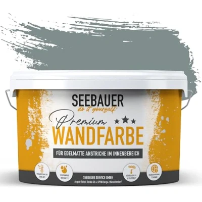 Abbildung von SEEBAUER diy Wandfarbe Grau 5L für Innen (No. 212 Mountain Slate) Edelmatte dunkelgraue Innenfarbe Grautöne sehr hohe Deckkraft Matt, Abwaschbar und Tropffrei