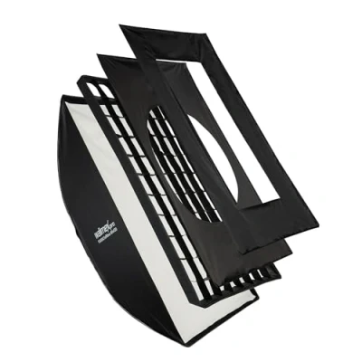Abbildung von Walimex pro Studio Softbox 80x120cm, um 360 drehbar, einfacher Aufbau dank Schirmfunktion, inkl. Grid, Masken, Bowens Adapter und Transporttasche, ideal für Produkt Peoplefotografie