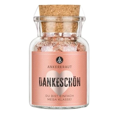 Abbildung von Ankerkraut &quot;Dankeschön&quot; Anlass Geschenk, Rosa Bergsalz grob zum Verschenken, Geschenk für Freunde und Familie, Gewürz, 165 g im Korkenglas