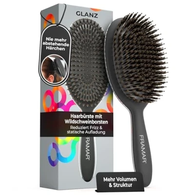 Abbildung von FRAMAR Wildschweinborsten Bürste Damen Haarbürste Damen, Naturhaarbürste Sleek Haare, Naturborsten, Boar Bristle Brush, Haarbürsten, Hair Brush Schwarz