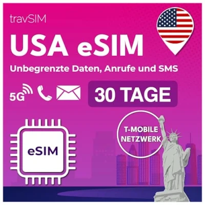 Abbildung von travSIM USA eSIM T Mobile Netz Unbegrenzte Daten, Anrufe &amp; Texte in den für funktioniert auf kompatiblen iOS Android Geräten 30 Tage