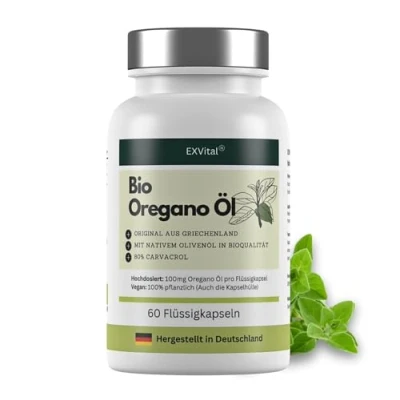 Abbildung von EXVital® Bio Oregano Öl, 60 vegane Flüssigkapseln, 100mg wildes Berg Öl &amp; 400mg Oliven aus Griechenland, 80% Carvacrol, Ohne Zusätze Laborgeprüft