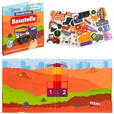 Abbildung von MAGNIKON Magnetspiel mit Magnete, Motorikspielzeug großem Spielfeld für die Beschäftigung bei der Autofahrt, Spiel Unterwegs Magnetpuzzlen, Magnetbuch (Baustelle)
