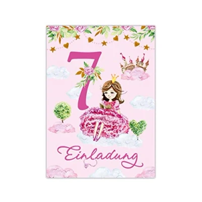 Abbildung von JUNAPACK Einladungskarten Prinzessin Einladungen zum 7. Kindergeburtstag Einhorn Karten Mädchen, mit siebten