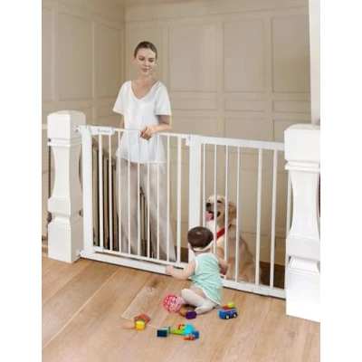 Abbildung von COMOMY 75 131cm Treppenschutzgitter Ohne Bohren, Türschutzgitter Automatisches Schließen mit Grün/Rotem Schild, Baby schutzgitter Kindergitter Hundegitter für Treppe (76cm Hoch, Weiß)