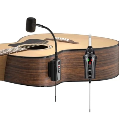 Abbildung von ACEMIC Drahtloses Mikrofon für Akustikgitarre, Tragbares UHF Ansteckmikrofon Musikinstrumente mit Sender und 6,35 mm Empfänger, Musiker, Lehrer, Bühnenauftritte, Band AT 5