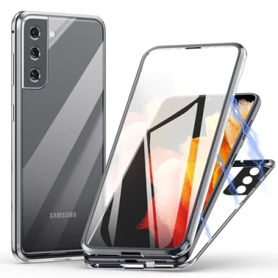Abbildung von Hülle für Samsung Galaxy S22 5G, Magnetische Adsorption Handyhülle 360 Grad Schutz Aluminiumrahmen mit Gehärtetes Glas, Starke Magneten Stoßfest Metall Flip Case Cover Silber