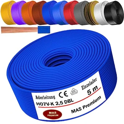Abbildung von MAS Premium Aderleitung H07 V K 1x2,5 mm² HBL GRGE RT DBL BR OR GR WS VIO oder GE Einzelader flexibel Von 5 bis 100m (Dunkelblau, 5m)
