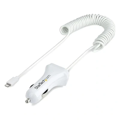 Abbildung von StarTech.com Zigarettenanzünder USB Ladegerät mit Lightning Spiralkabel, 1m 12W, 2 Port Auto Adapter für Handy und Tablet, Dual Kfz Schnellladegerät (USBLT2PCARW2)