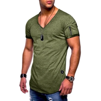 Abbildung von SOULSTAR T Shirt BHKNINW Herren Basic Kurzarm V Neck Oversized Ausschnitt Zipper