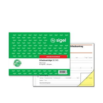Abbildung von SIGEL SD045 Urlaubsantrag A5 quer, 2x40 Blatt, selbstdurchschreibend, 1 Stück, mikroperforiert, aus nachhaltigem Papier