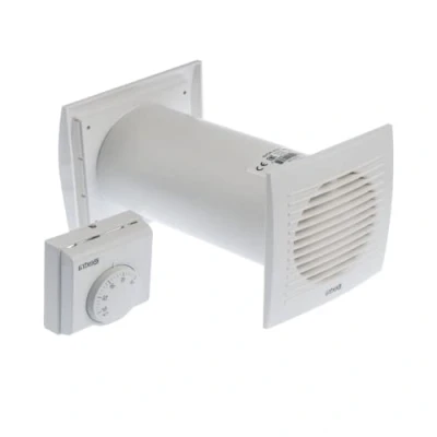 Abbildung von Ø 125mm Wärmeverteiler Lüfter Ventilator Ab Zuluft Thermostat Wärmelüfter Warmluft Wand