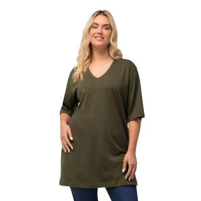 Abbildung von Ulla Popken PLUS SIZE Vneck TEE Tshirt basic, Damen, Größe: 54/56, Forest green