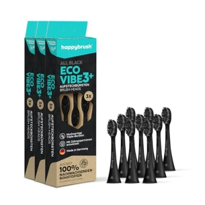 Abbildung von happybrush® Nachhaltige Aufsteckbürsten für elektrische Schall Zahnbürste Eco VIBE 3 Allblack 3x3 Stück