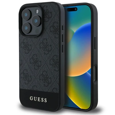 Abbildung von CG MOBILE Guess Schutzhülle aus PU Leder für iPhone 16 Pro mit Streifen an der Unterseite, Grau