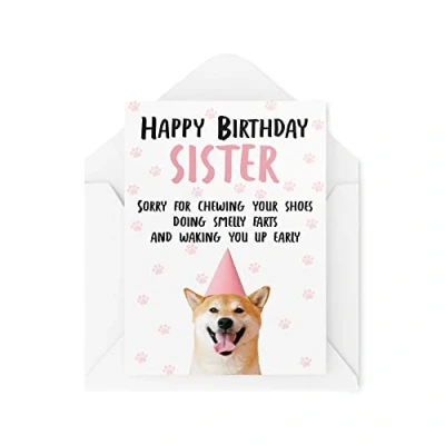 Abbildung von Tongue in Peach Lustige Geburtstagskarten für Schwester vom Hund, Haustierliebhaber Grußkarten zum Geburtstag, Welpen Karte, Sorry Kauen Ihrer Schuhe CBH241