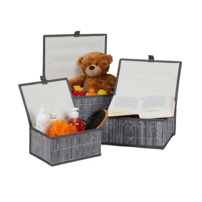 Abbildung von Relaxdays Aufbewahrungskorb 3er Set, mit Deckel &amp; Stoffeinsatz, Bambuskorb, dekorative Aufbewahrungsbox, 3 Größen, grau, 15 x 33 25,5 cm