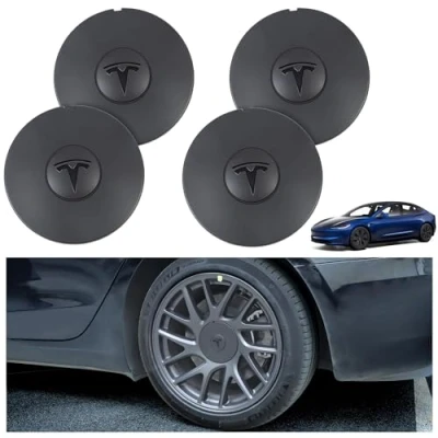 Abbildung von 4 Stück Auto Radnabenkappen für Tesla New Model 3 2024 (Highland), Nabendeckel Felgendeckel Wasserdicht Staubdicht Radmittenabdeckung Dekoration von Automobilen Rad,Black Logo