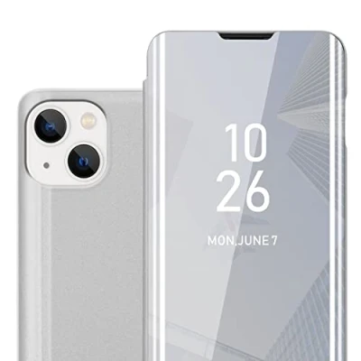 Abbildung von Cadorabo Hülle kompatibel mit Apple iPhone 14 Schutzhülle TPU Silikon Case 360 View Spiegel, Slim Kratzfest Weiche Gummi Rundumschutz Cover für in Silber